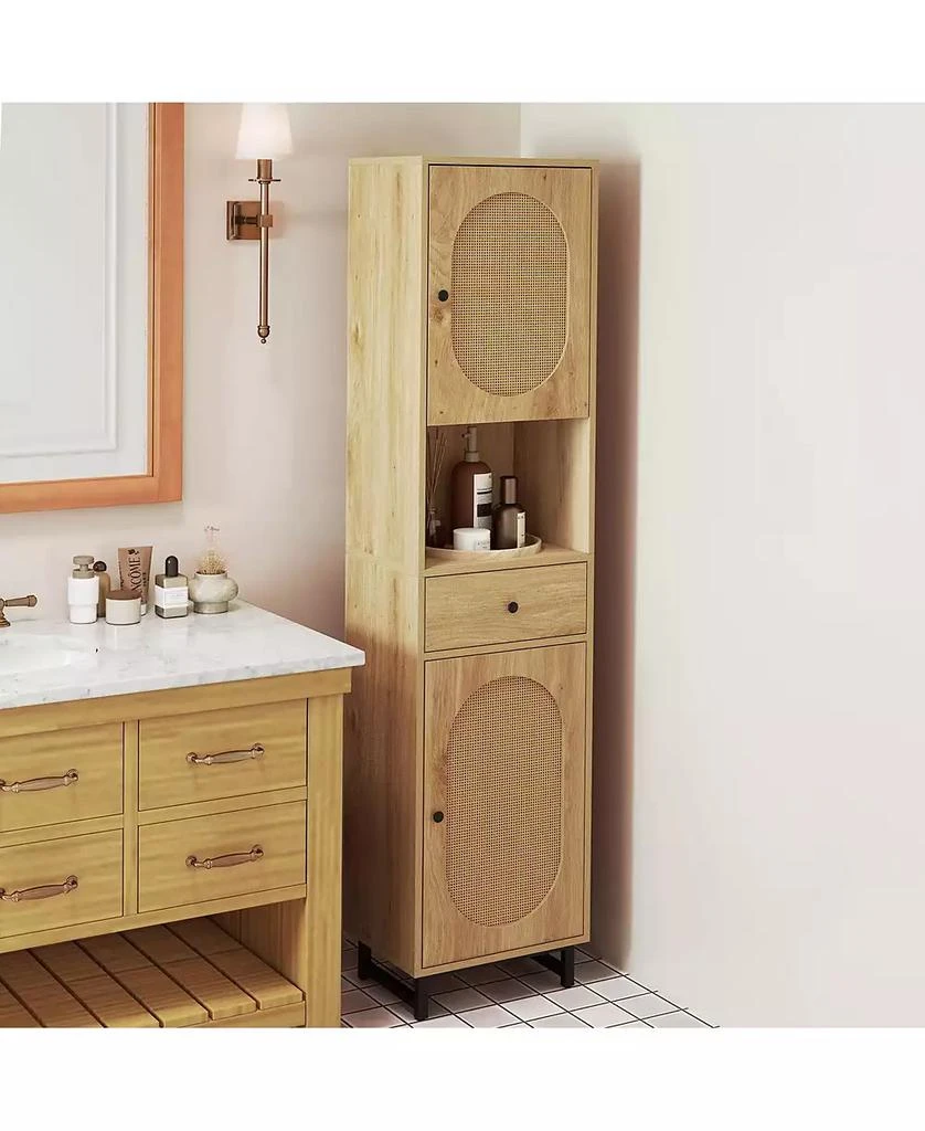 Slickblue Bathroom Cabinet PE Rattan Floor Cabinet with 2 Doors 2