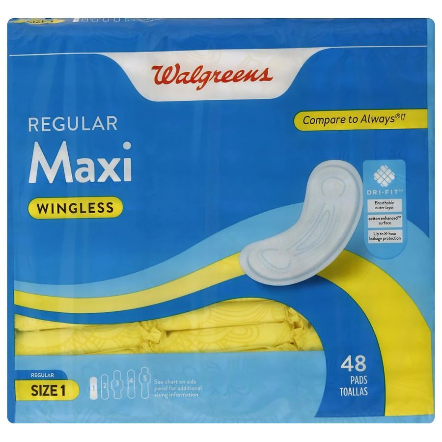 Walgreens Maxi Pads, Regular, Wingless Size 1 (ct. 48) 1