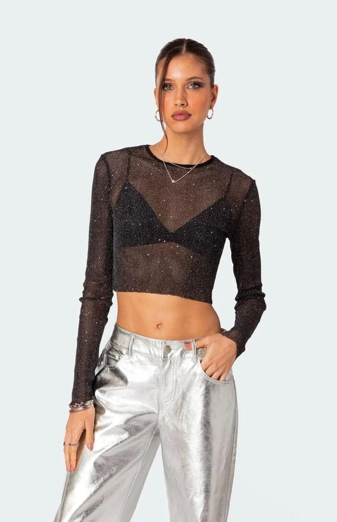Edikted Marly Sheer Shimmer Sequin Long Sleeve Top 1
