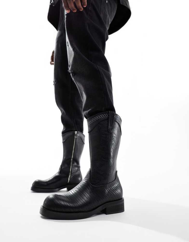 Koi Footwear KOI The Last Courtship ornate stacked western cowboy boots in black lizard