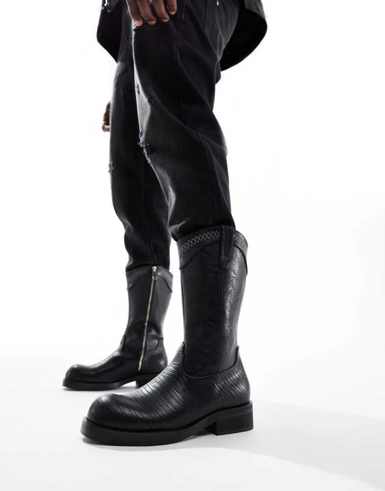 Koi Footwear KOI The Last Courtship ornate stacked western cowboy boots in black lizard 1