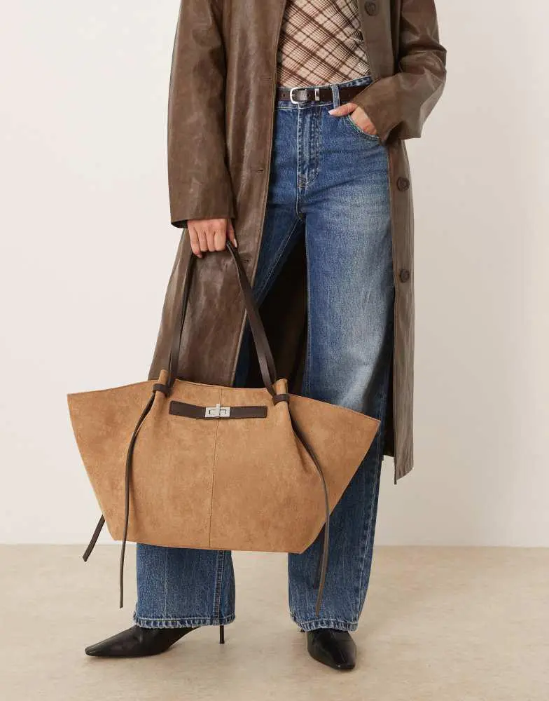 GINA TRICOT Gina Tricot faux suede medium tote bag with strap and clutch detail in brown multi