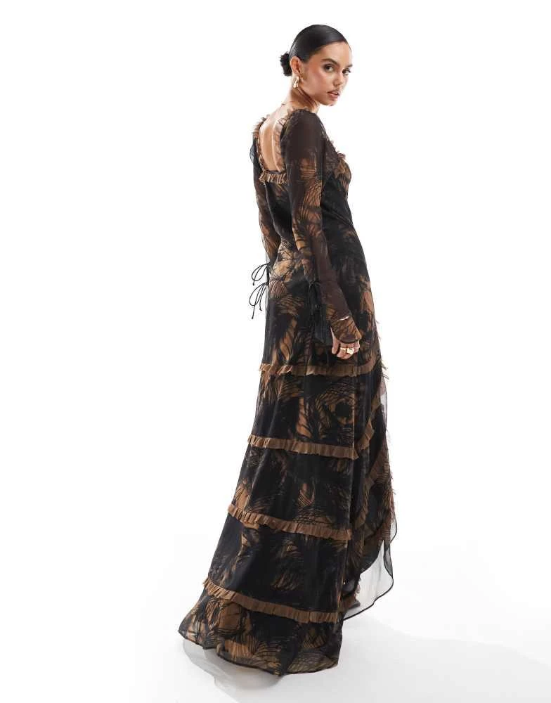 ASOS ASOS DESIGN long sleeve frill high low maxi dress in abstract print 2