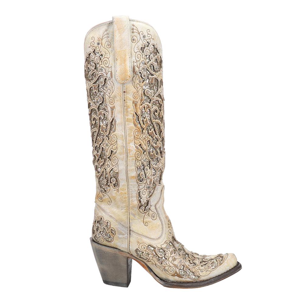 Corral Boots Distressed Glitter Tooled-Inlay Snip Toe Cowboy Boots