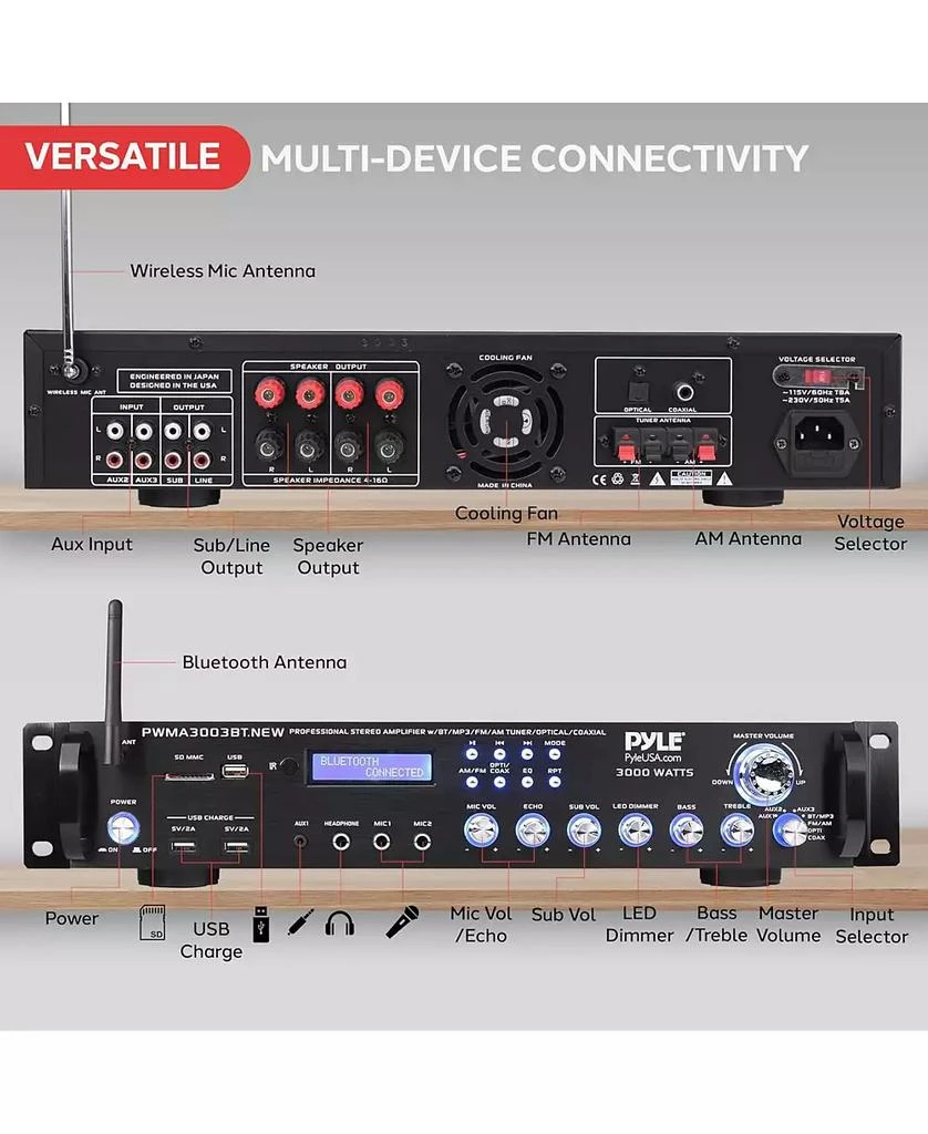 Pyle 3000W Bluetooth Hybrid Amplifier Receiver with VHF Mics 
Multi-Input Support 2