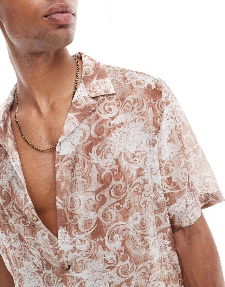ASOS ASOS DESIGN relaxed revere shirt with baroque floral print in neutral 3