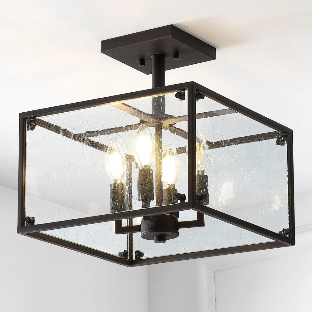 JONATHAN Y Paysan 13" 4-Light Iron/Seeded Glass Rustic Farmhouse LED Flush Mount 3