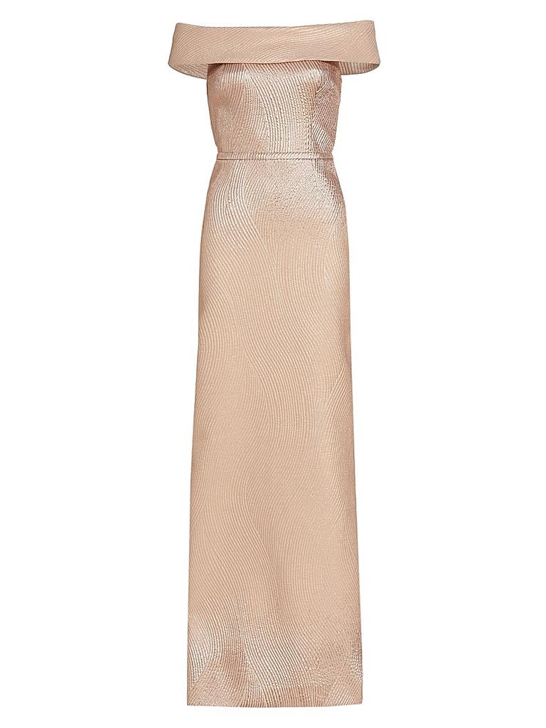Teri Jon Metallic Off-The-Shoulder Wavy Rib-Knit Gown