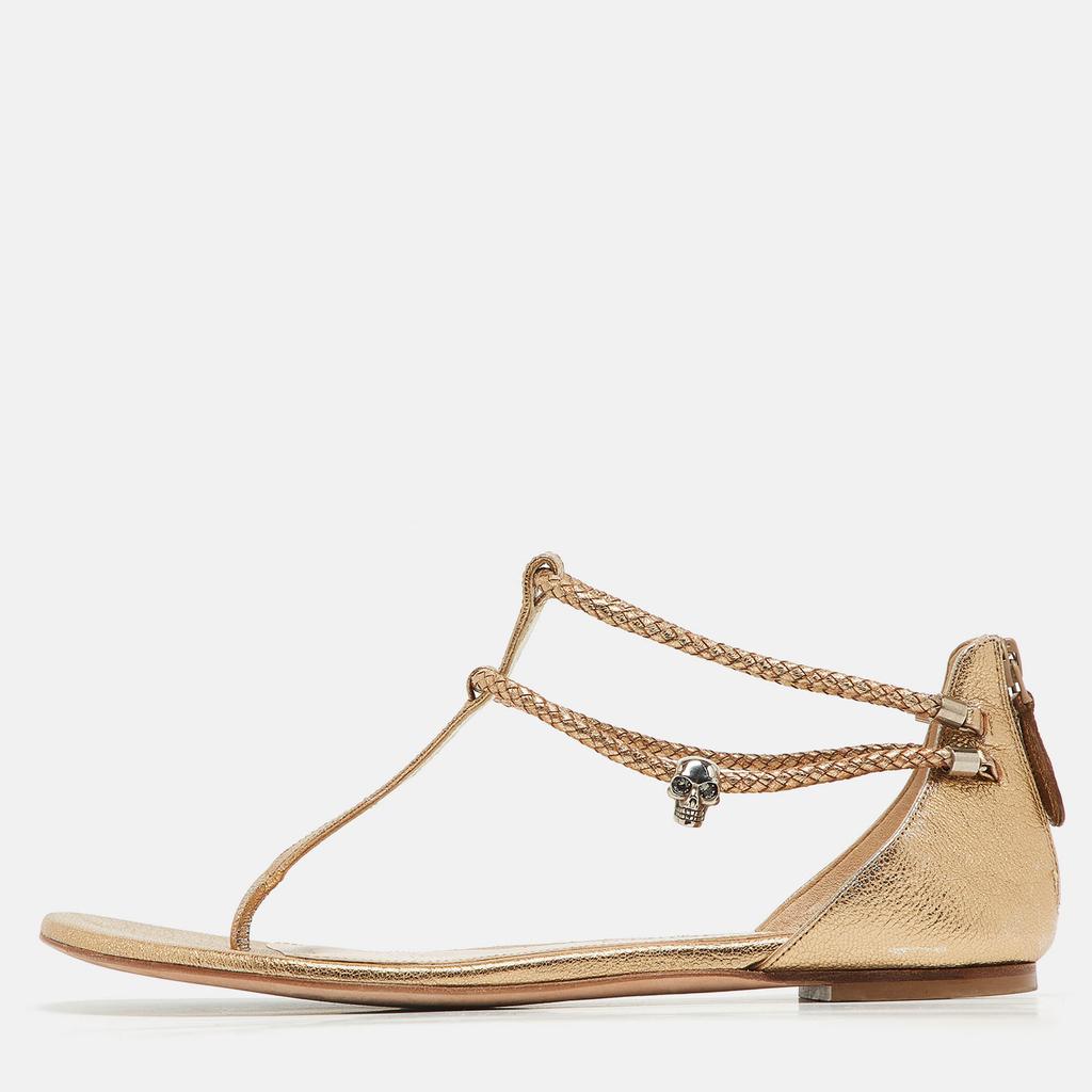 Alexander McQueen Alexander McQueen Gold Braided Leather Skull Detail Thong Flat Sandals Size 41