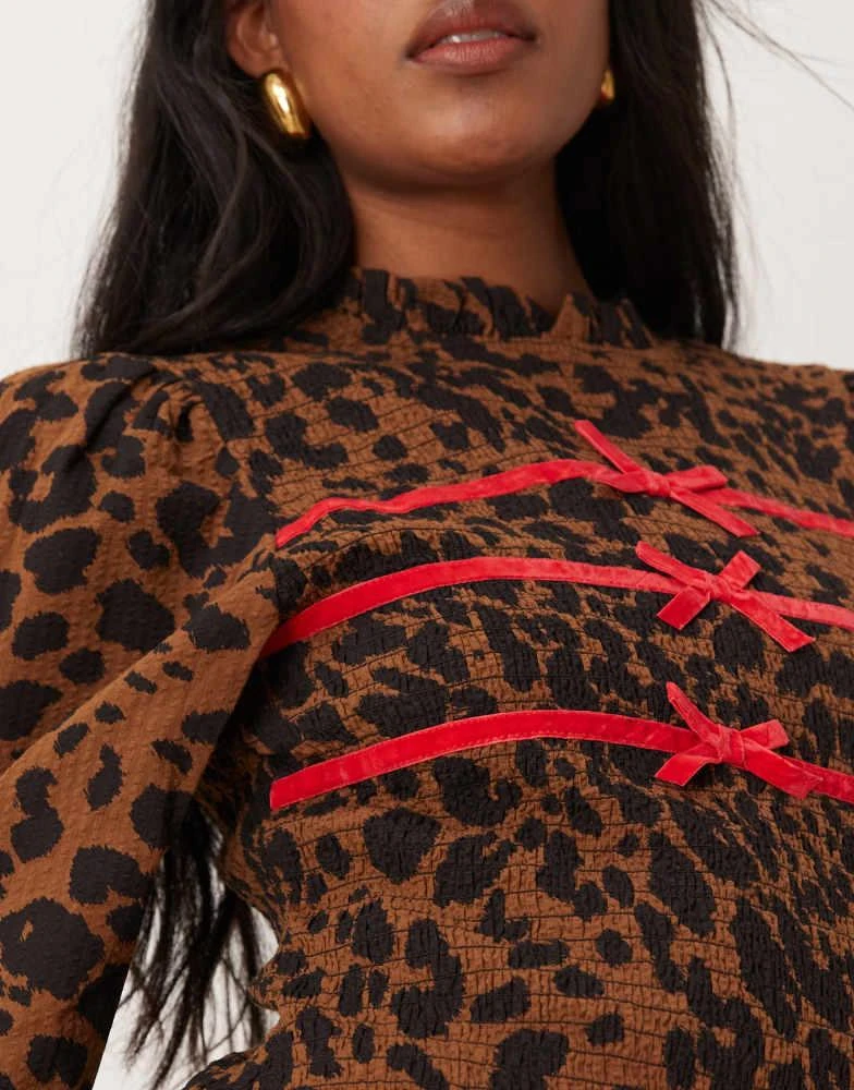 Neon Rose Neon Rose leopard print shirred ribbon detail mini dress in brown 2