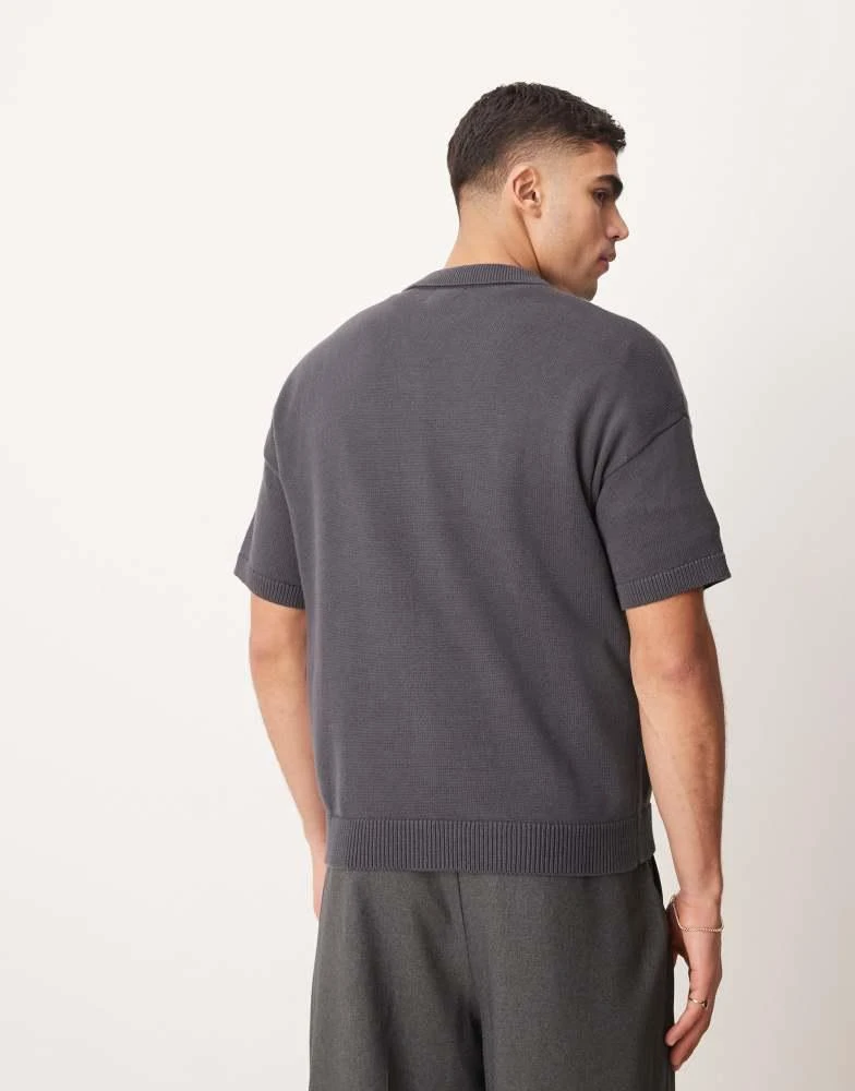 ASOS ASOS DESIGN relaxed  fit midweight knitted cotton button through polo in charcoal grey 3
