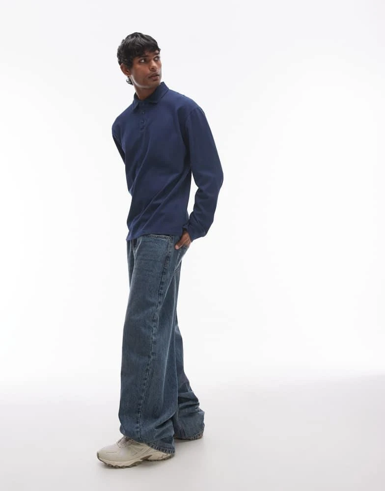Topman Topman long sleeve polo in washed navy 2