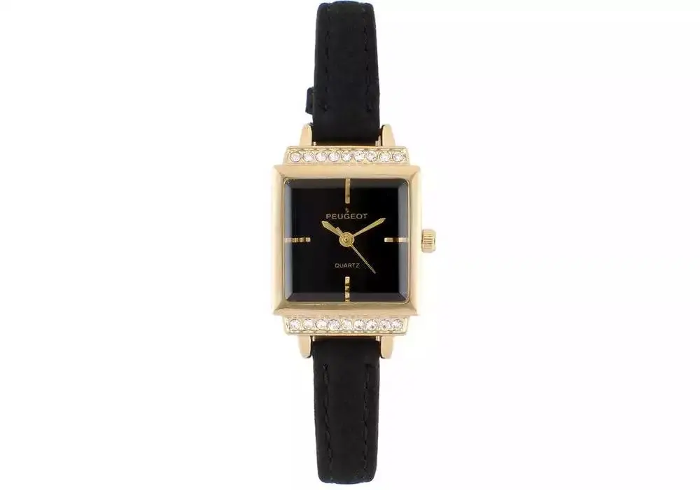 Peugeot Women's 22mm Gold Crystal Watch With Black Dial & Tan Strap