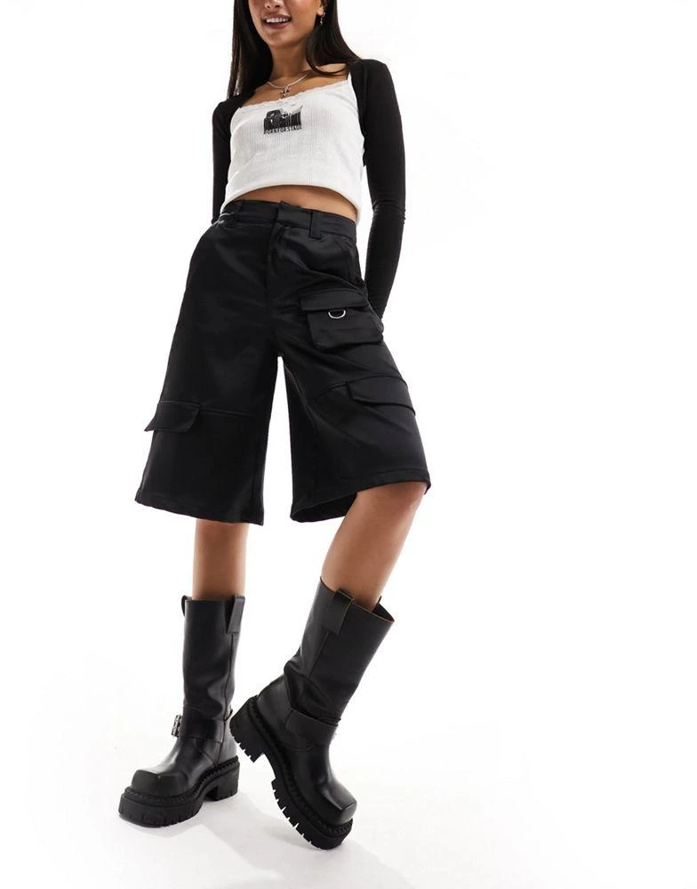 Bershka Bershka satin cargo longline shorts in black 1