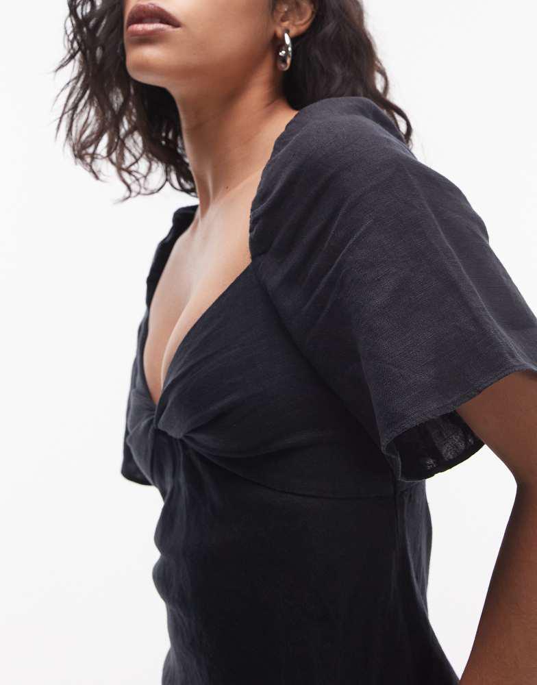 & Other Stories & Other Stories linen puff sleeve midaxi dress with twist sweetheart neckline in black