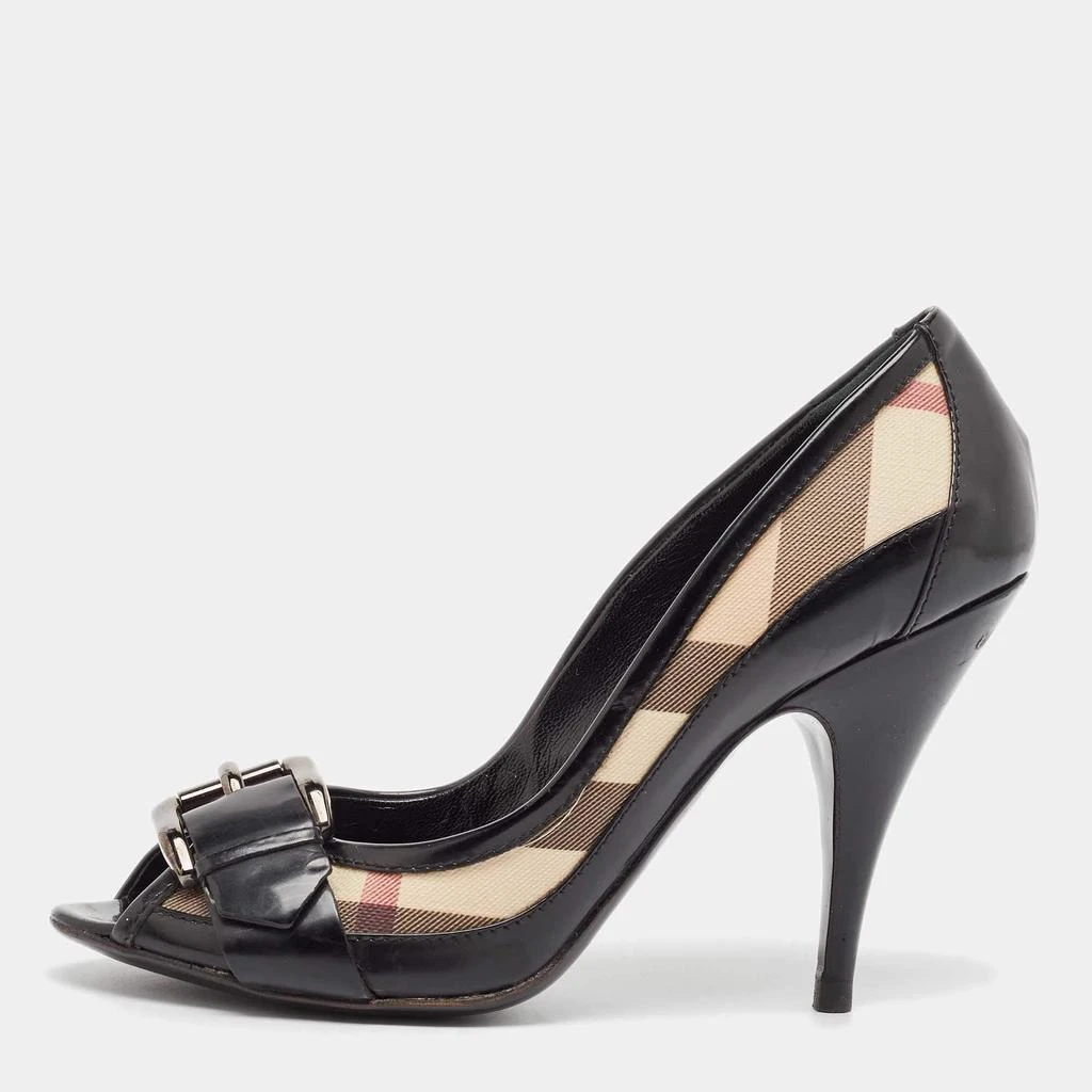 Burberry Burberry Black Canvas and Patent Leather Peep Toe Pumps Size 39 1