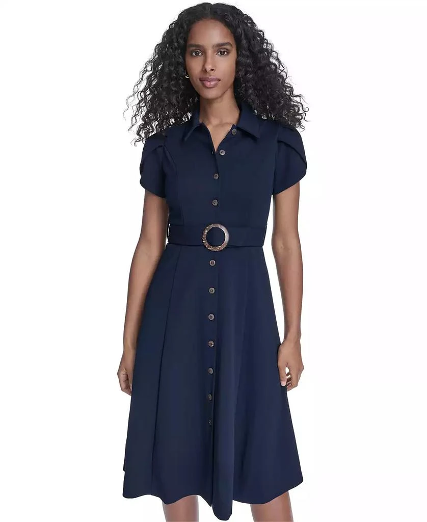 Calvin Klein Petite Tulip-Sleeve Belted Crepe Shirt Dress - Indigo - Size 10P