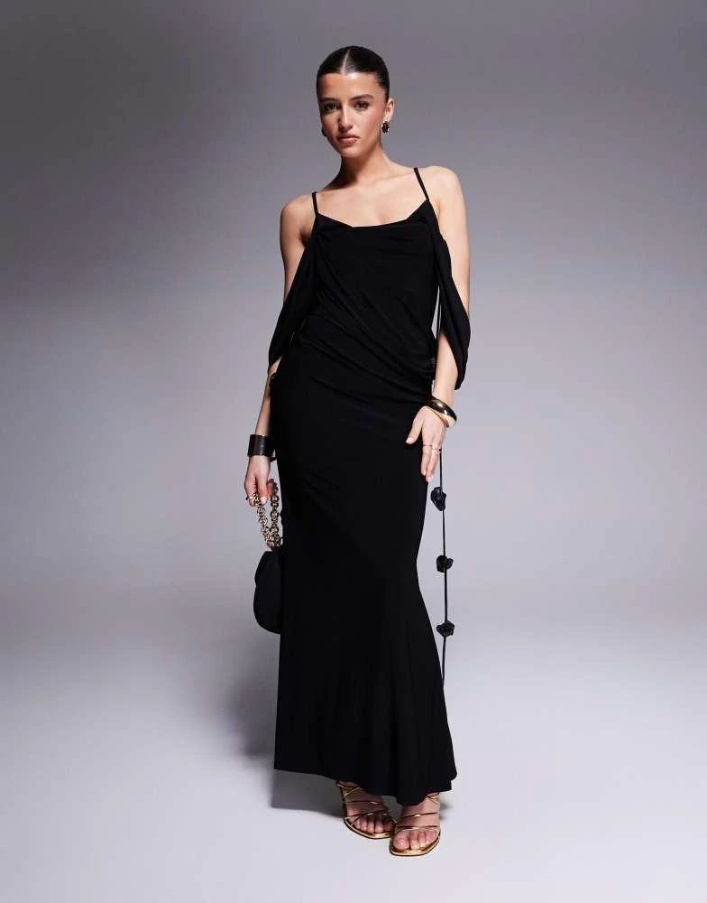 ASOS ASOS DESIGN draped bardot layered neckline midi dress with flower trims in black