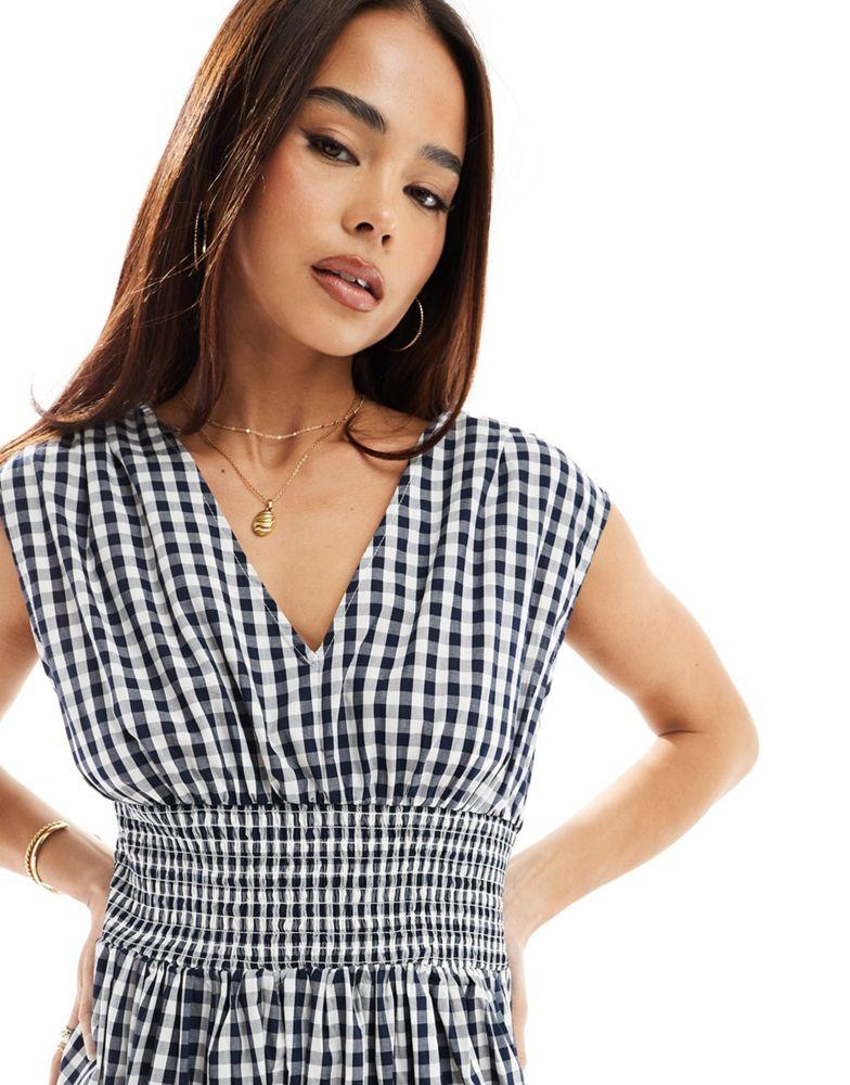 Y.A.S. YAS shirred waist v neck midi dress in navy gingham - MULTI