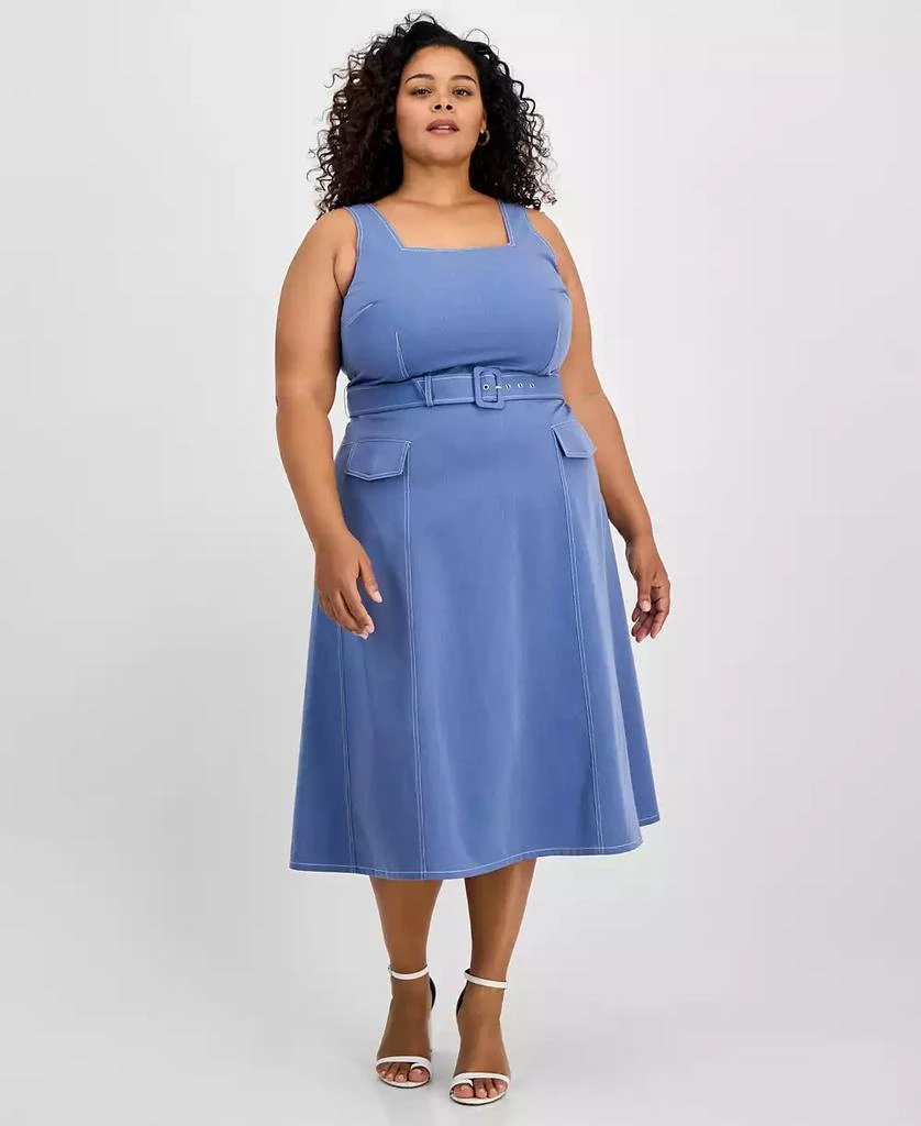 Tahari Tahari Plus Size Denim Belted Square-Neck Midi Dress 1