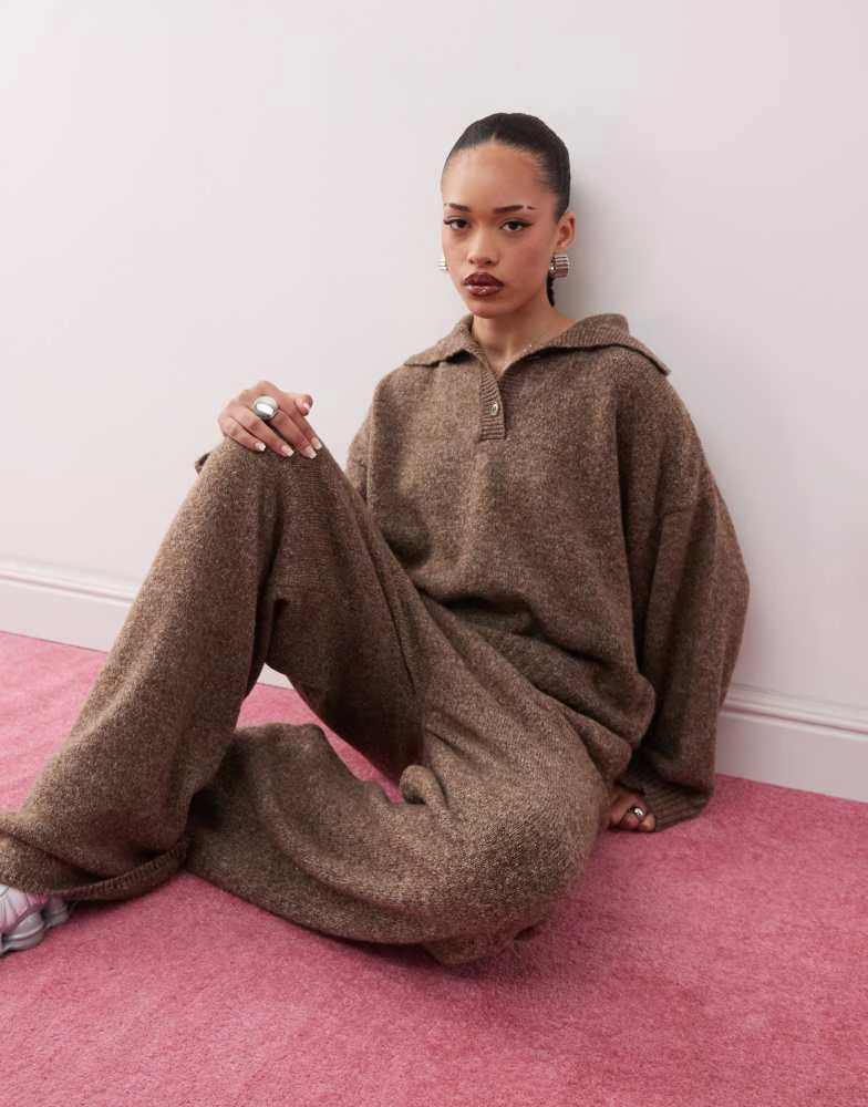 COLLUSION COLLUSION knitted oversized button up jumper in brown co-ord 1