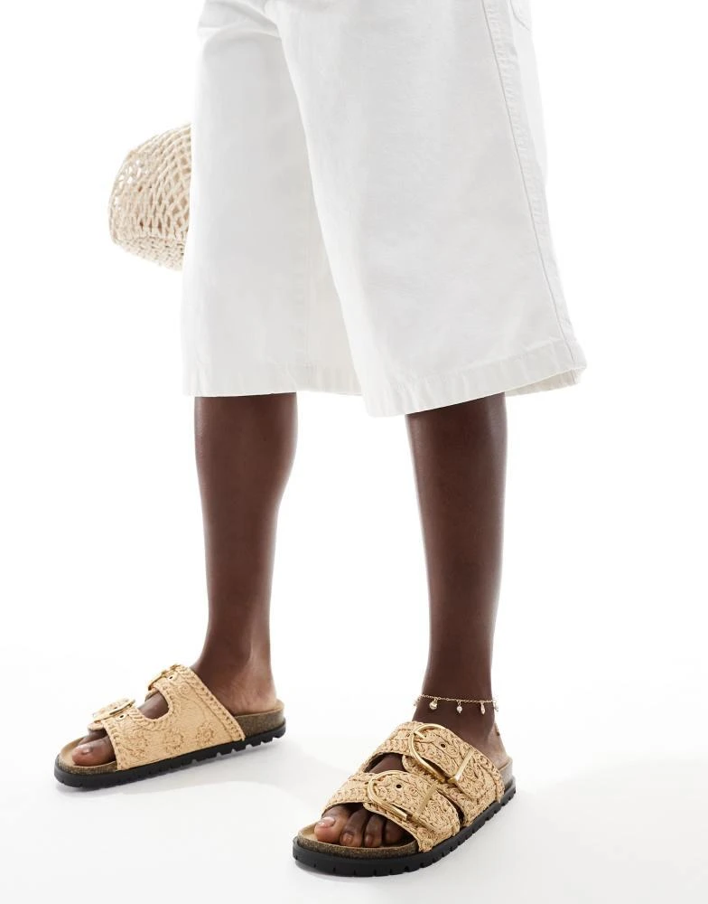 Stradivarius Stradivarius flatform double buckle sandal in beige 1