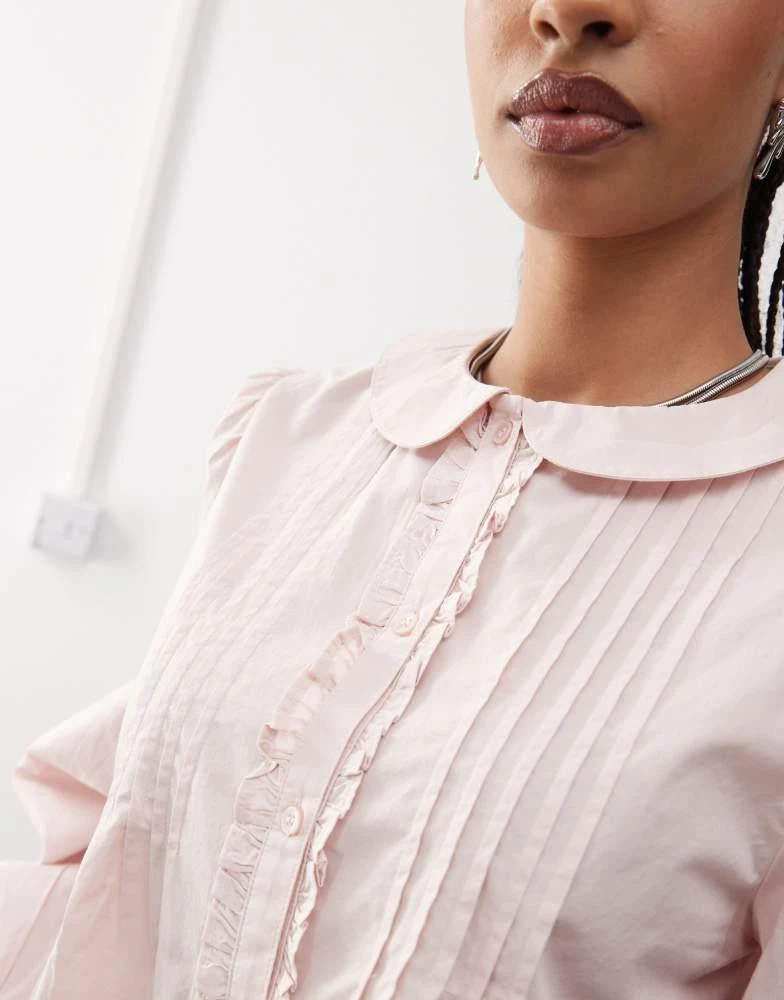 Monki Monki long sleeve frill collared shirt blouse in light dusty pink 4