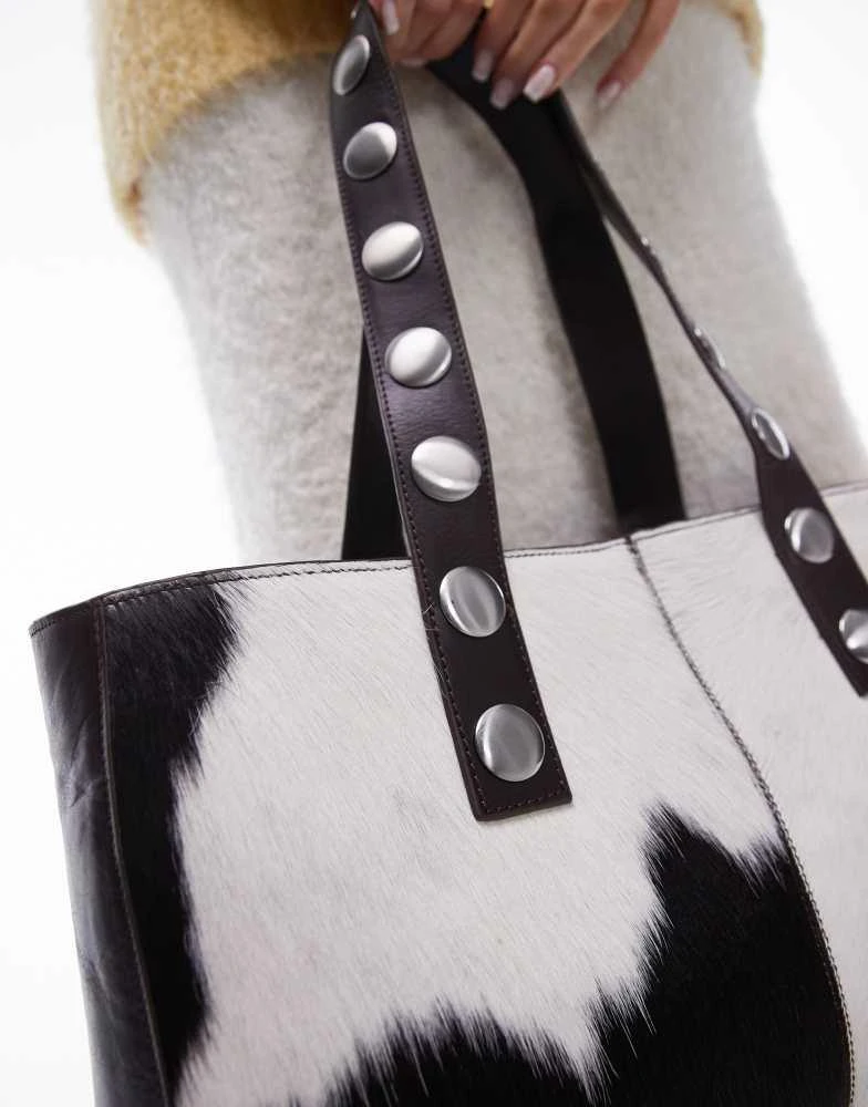 Mango Mango studded strap leather cow print bag in brown 3