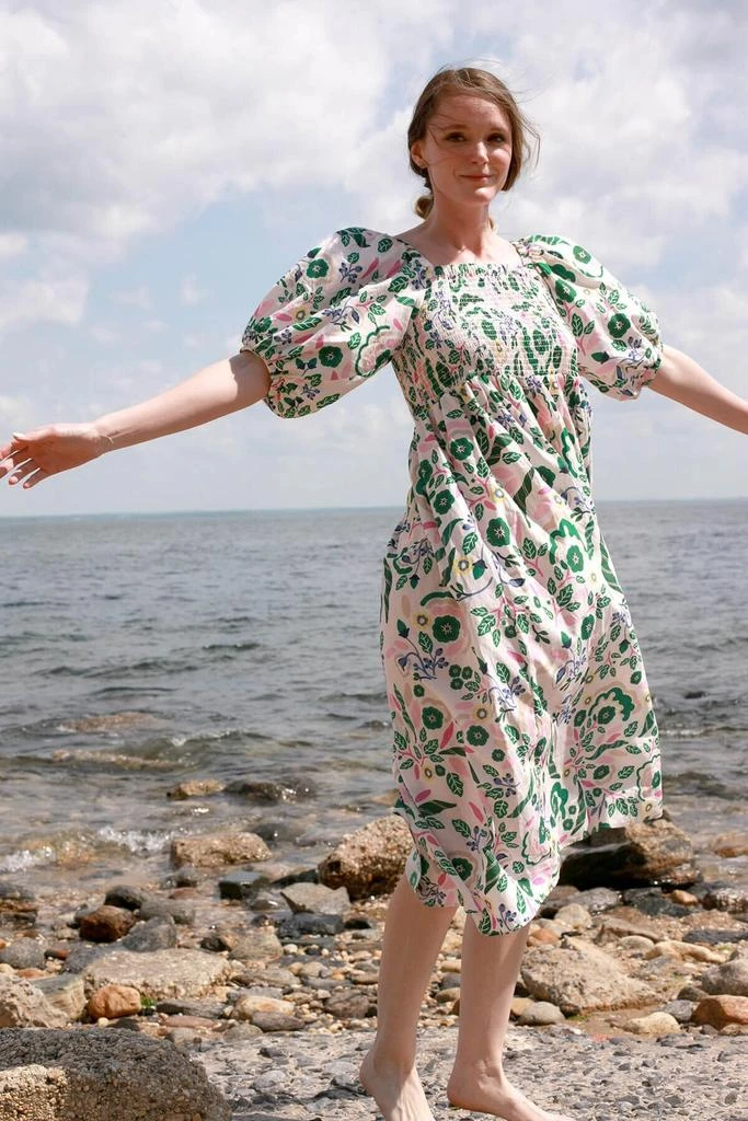 Jessie Zhao Emerald Smocked Cotton Silk Dress 1