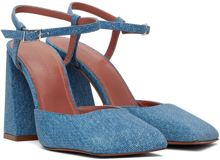 Amina Muaddi Blue Suede Printed Denim Heels 4