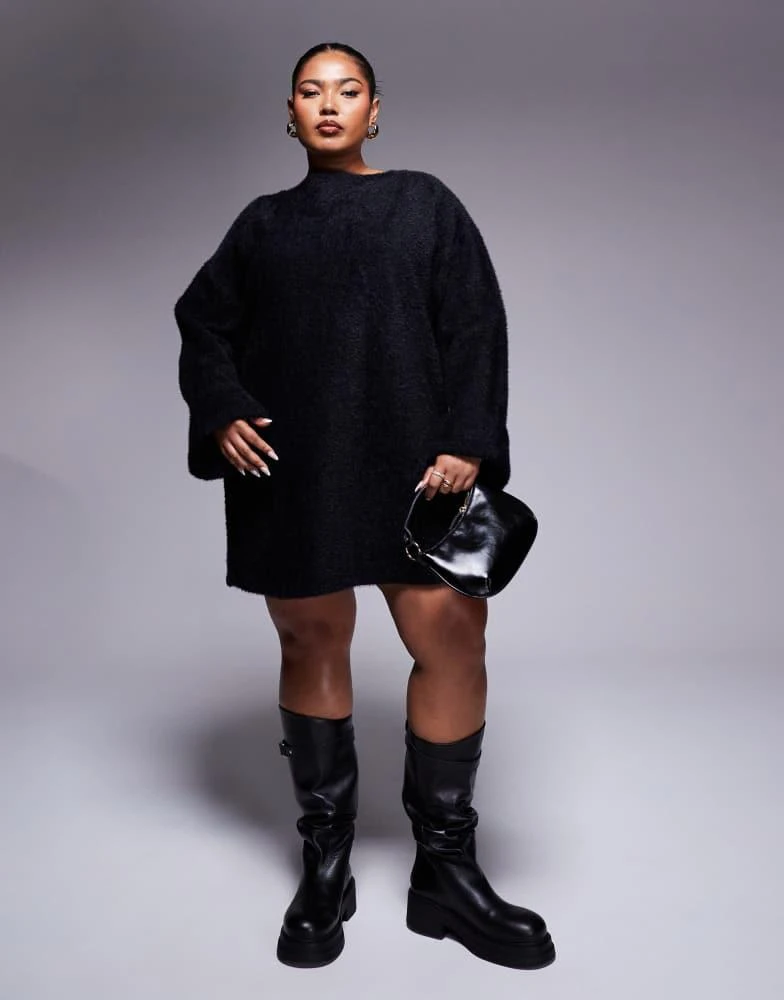 ASOS ASOS DESIGN Curve supersoft fluffy slouchy jumper mini dress in black 3
