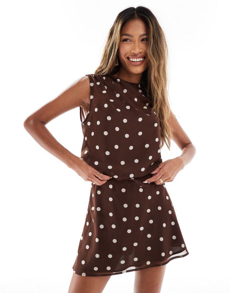 Abercrombie & Fitch Abercrombie & Fitch high neck sheer layered top in brown polka dot