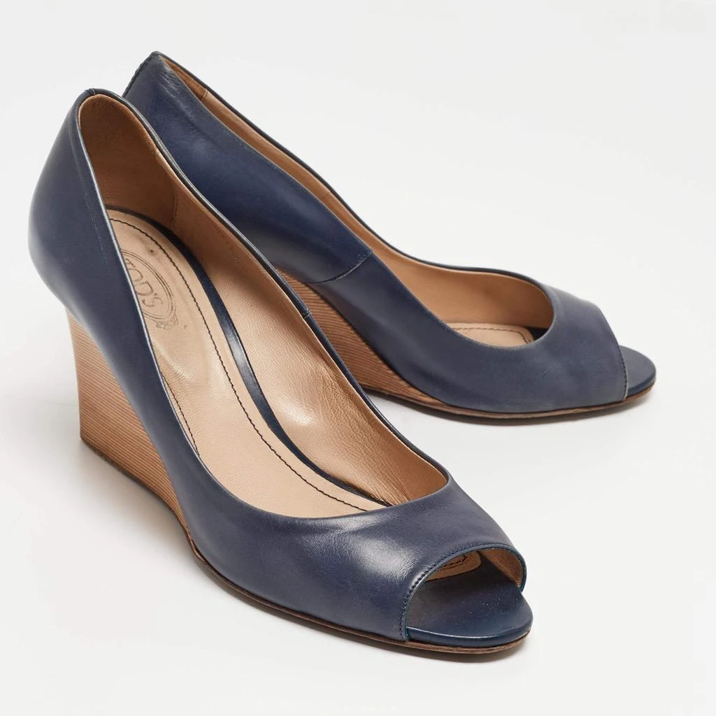 Tod's Tod's Navy Blue Leather Peep Toe Wedge Pumps Size 38 4