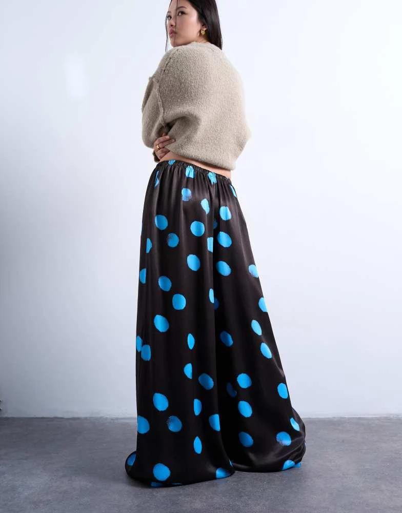 Topshop Topshop satin extreme wide leg trousers in blue and brown polka dot 4