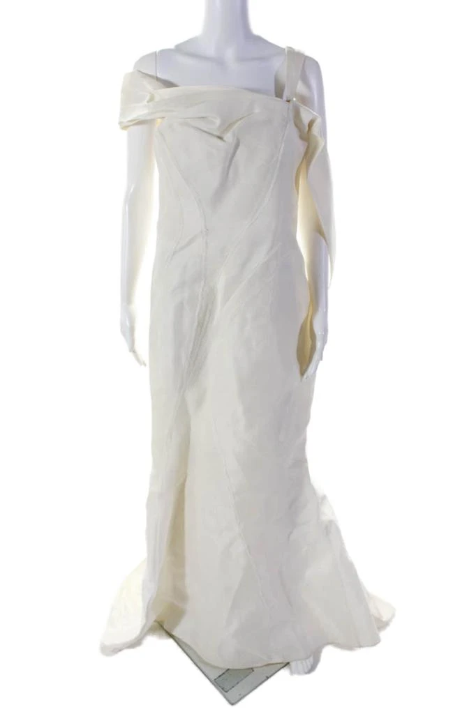 J. Mendel Womens Cream Off Shoulder Fringe Detail Sleeveless Gown Dress 1