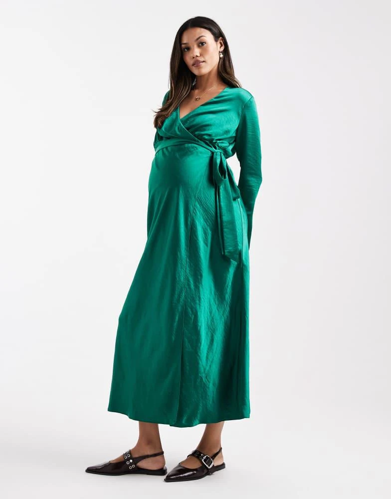 ASOS DESIGN Maternity satin long sleeve wrap detail midaxi dress in emerald  green  On Sale Now with Up to 65% Off | Discover Exclusive Deals & Savings  at BeyondStyle  Authentic