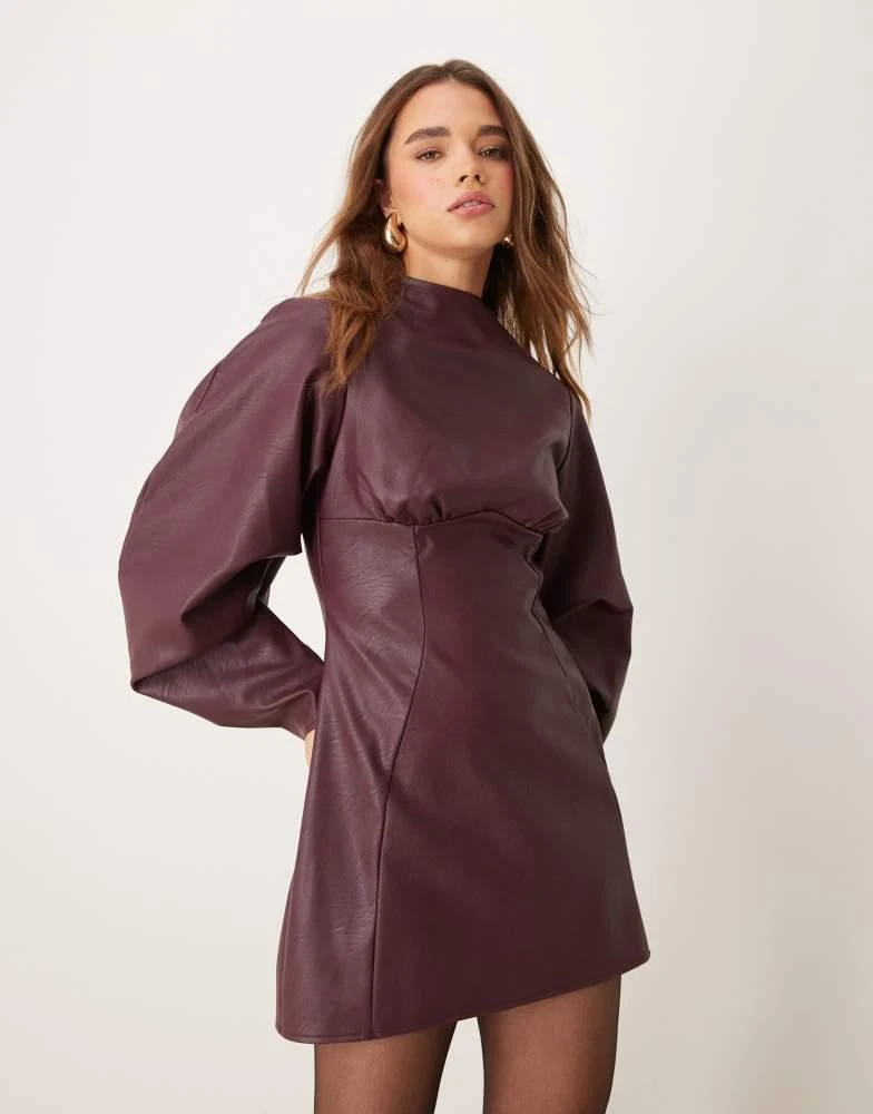 ASOS ASOS DESIGN leather look cocoon sleeve mini dress with underbust seam detail in burgundy 1