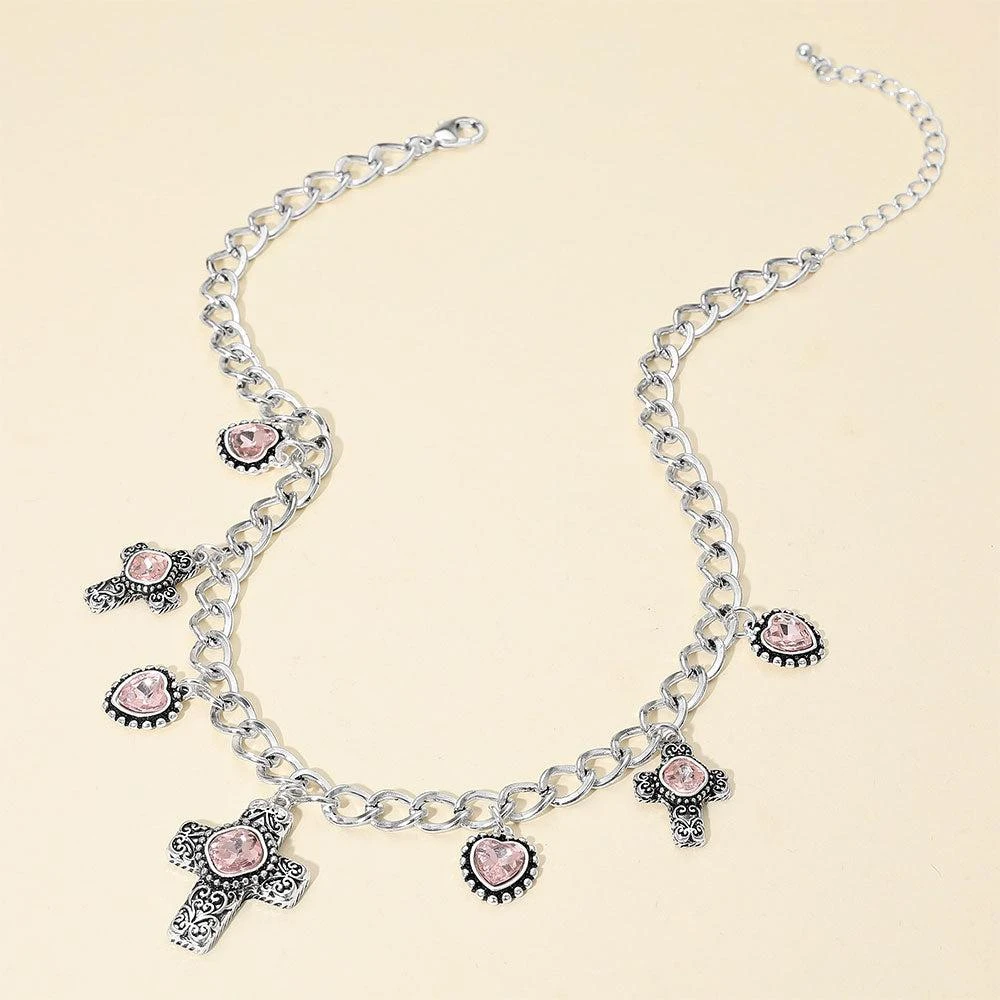 FASHNZFAB Vintage Stone Accent Cross Heart Charm Station Necklace 2