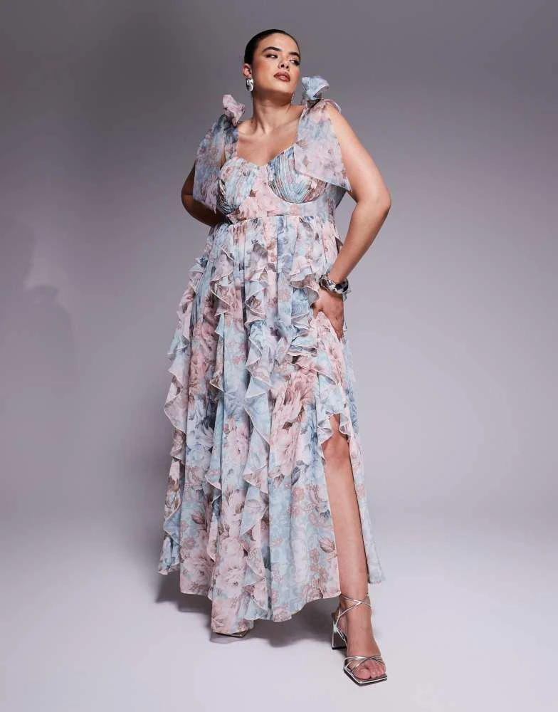 ASOS LUXE Curve maxi dress with waterfall ruffles and tie straps in lace  floral print  On Sale Now with Up to 21% Off | Discover Exclusive Deals &  Savings at BeyondStyle