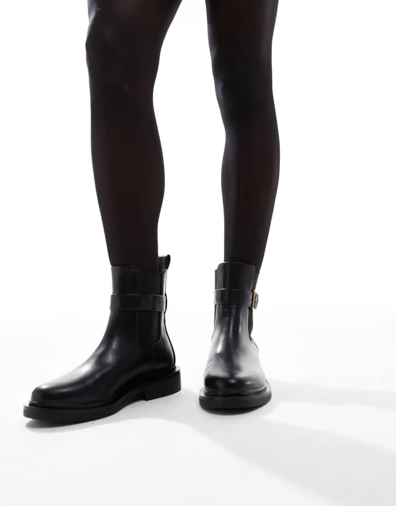 ASOS ASOS DESIGN Wide Fit Aurora flat boots with buckle strap in black 2