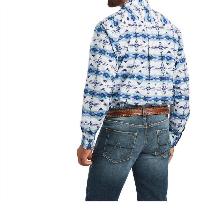 Ariat Ivan L/sleeve Classic Snap Shirt In White With Blue Aztec Print