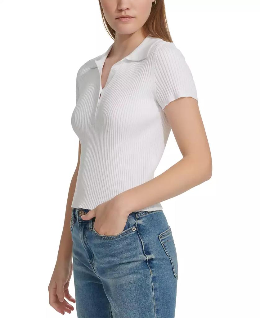 Calvin Klein Jeans Women s Ribbed Short Sleeve Polo Shirt Birch M Women s Tops BeyondStyle