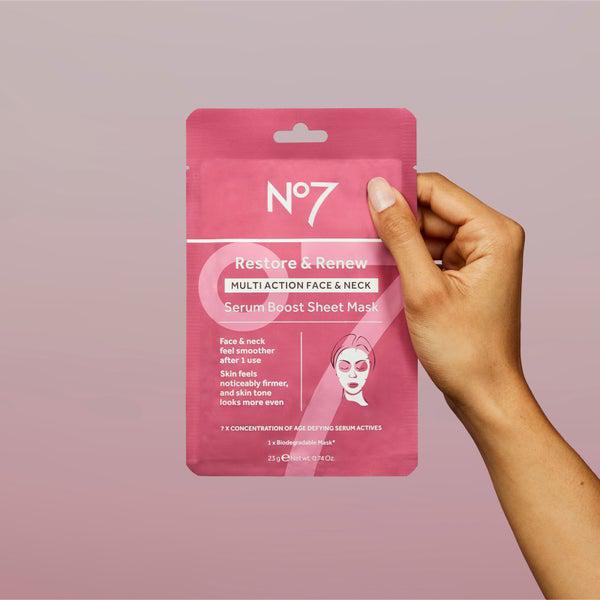 No7 Restore & Renew FACE & NECK MULTI ACTION Serum Boost Sheet Mask