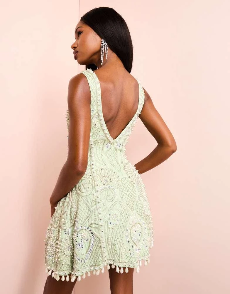 ASOS Luxe ASOS LUXE embellished cotton sweetheart caged mini dress in sage green 4