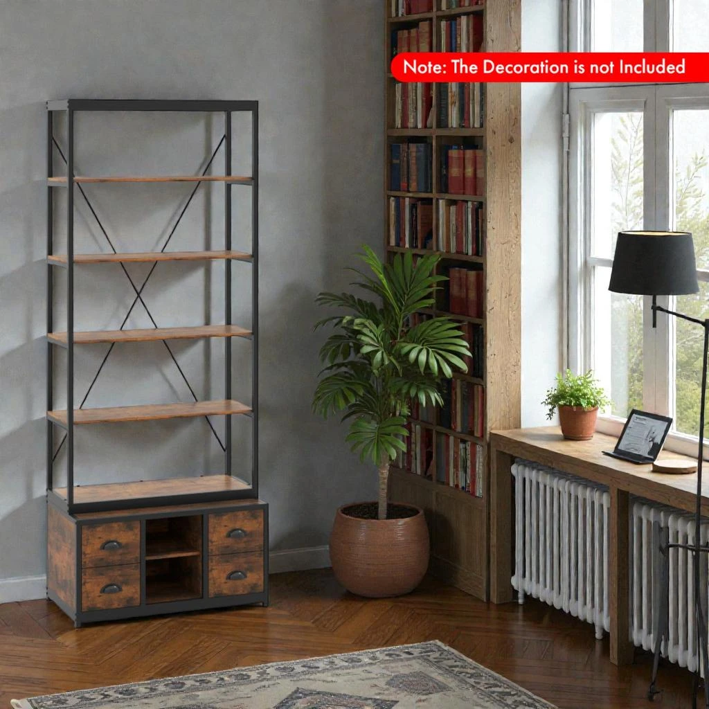 Hivvago Industrial 8-Layer Bookshelf Featuring 4 Foldable Fabric Storage Drawers 2
