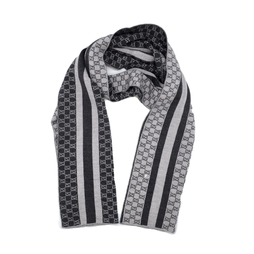 Gucci Gucci - Grey/Black GG Monogram Web Stripe Wool Scarf 3