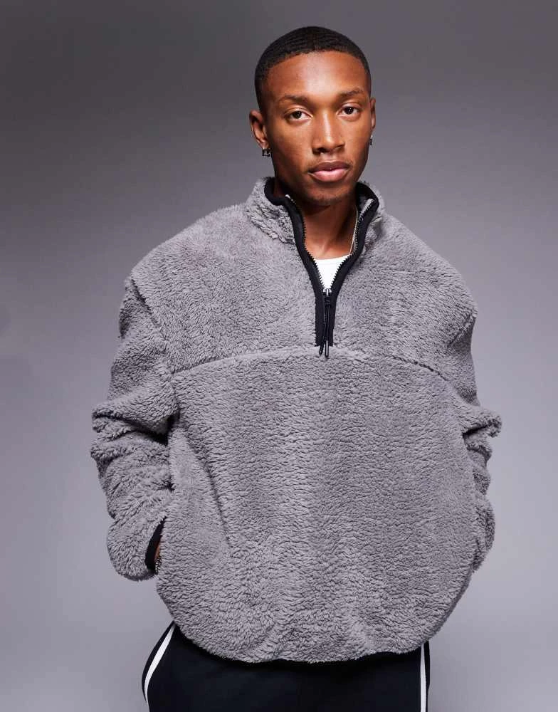 ASOS ASOS DESIGN boxy oversized quarter zip borg sweatshirt in grey 1