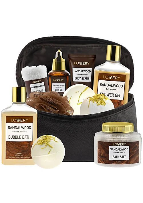 Lovery Luxury Spa Kit for Men - Sandalwood Bath Set - Personal Care Kit in Brown Leather Cosmetic Bag