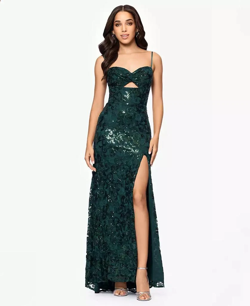 Blondie Nites Juniors' Sequined Lace Cutout-Front Lace-Up-Back Gown 1