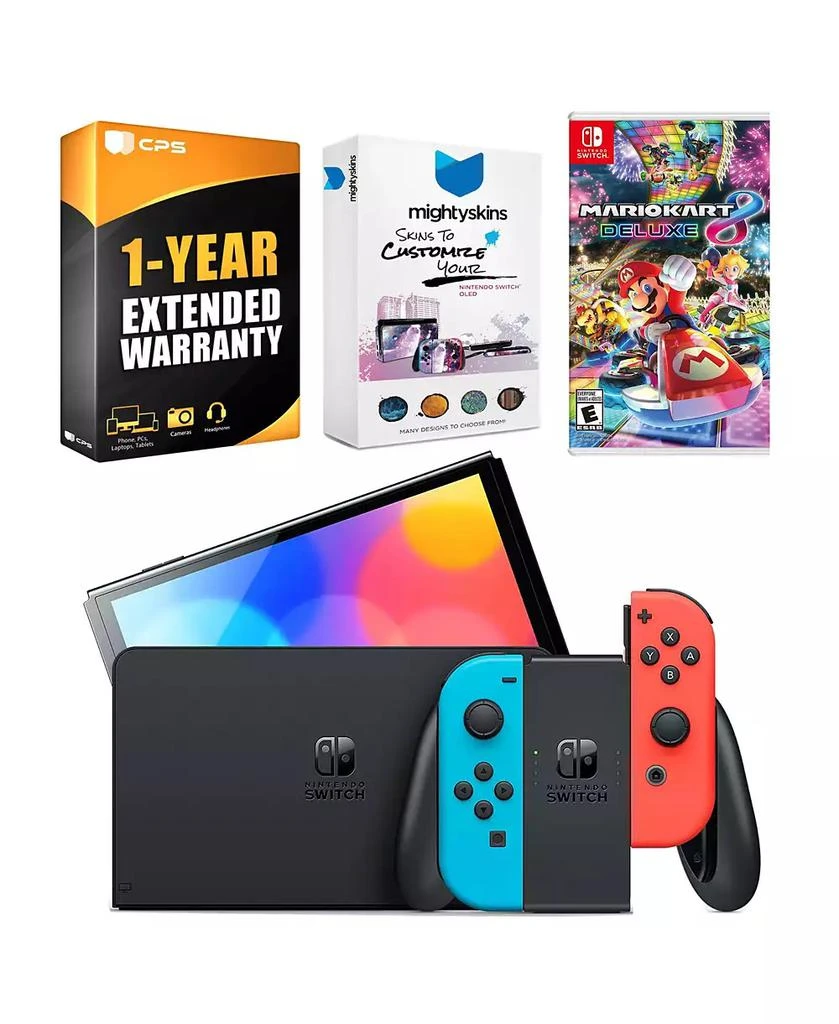 Nintendo Switch Neon Red
Blue OLED Console with Mario Kart 8 Deluxe, MightySkins Console and Controller Skin Voucher, and 1 Year CPS Extended Warran